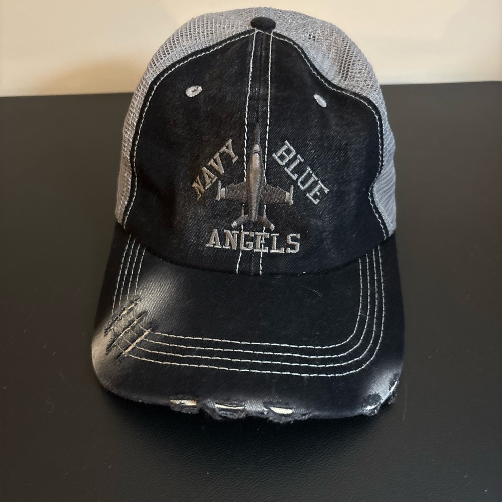 Navy Blue Angels‎ Mesh Back Cap with Embroidered Text Distressed Look